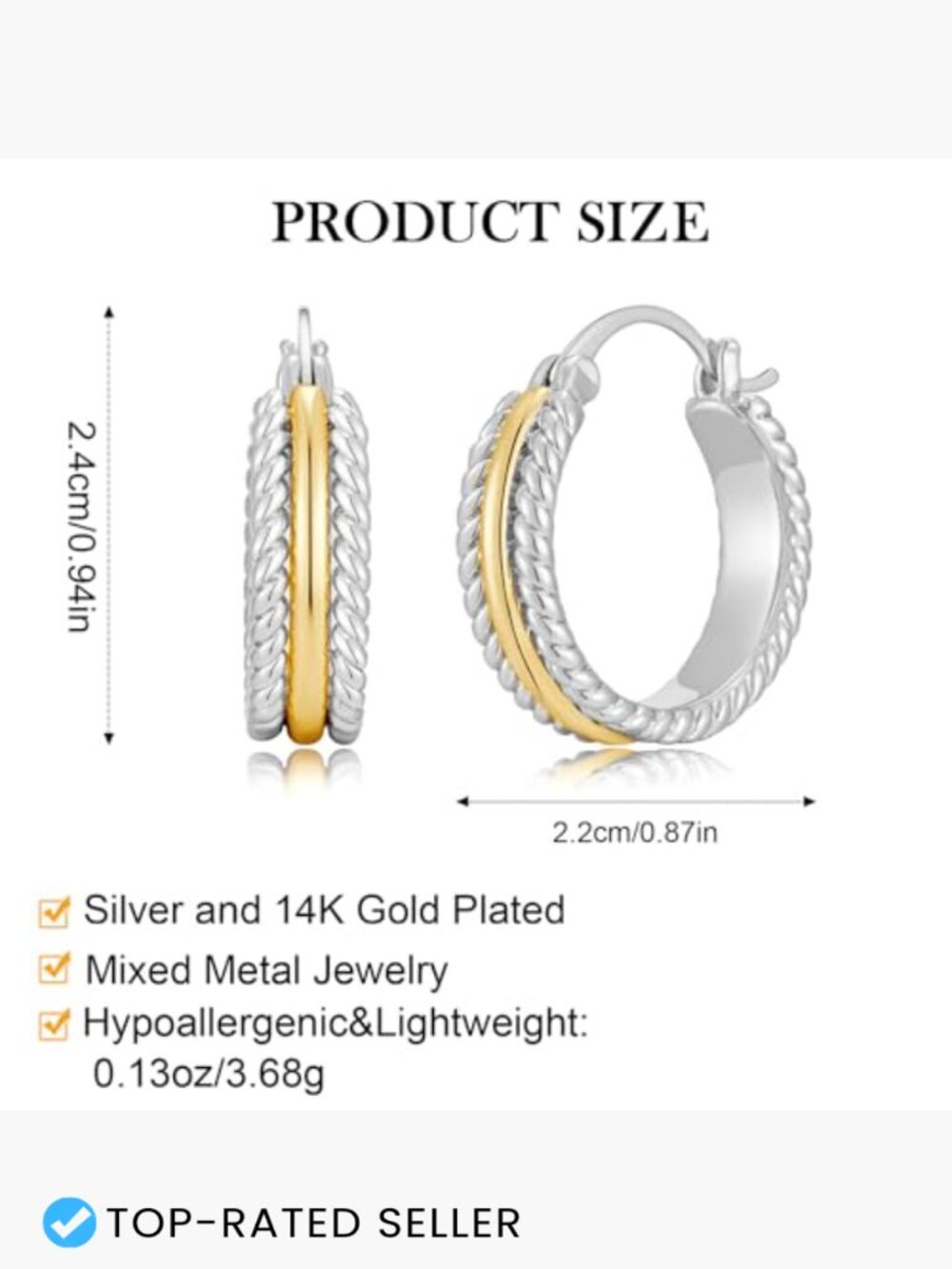 Two Tone Silver Gold Hoop Earrings Hypoallergenic Rope Twist Statement Jewelry - Picture 5 of 7